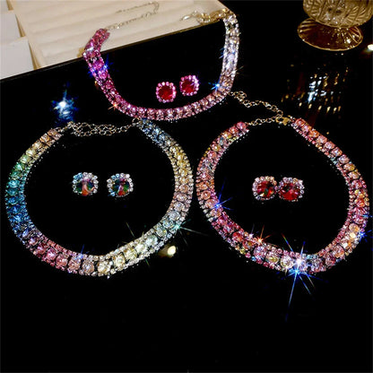 Luxury Crystal Necklace Earrings Set Pink ABcolourful Necklace for Women Weddings Party Jewelry Sets Accessories Good Vibrations Adult Super Store