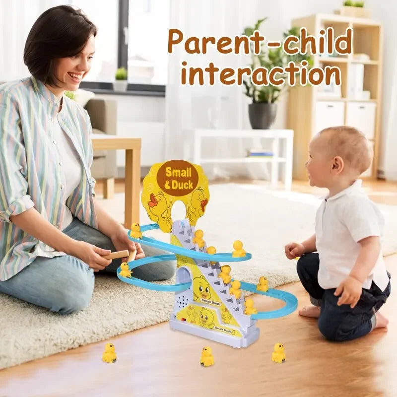 Electric Small Ducks Climbing Toys DIY Ducks Chasing Race Track Game Set with Lights & Music Roller Coaster Toy for Kids Gift Good Vibrations
