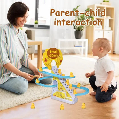 Electric Small Ducks Climbing Toys DIY Ducks Chasing Race Track Game Set with Lights & Music Roller Coaster Toy for Kids Gift Good Vibrations