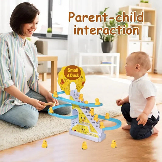 Electric Small Ducks Climbing Toys DIY Ducks Chasing Race Track Game Set with Lights & Music Roller Coaster Toy for Kids Gift Good Vibrations