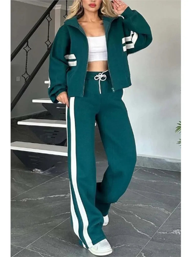 2025 Autumn Winter New Two-piece Set Women's Zipper Striped Loose Jacket Outwear And High Waist Side-striped Pants Sports Sets Good Vibrations