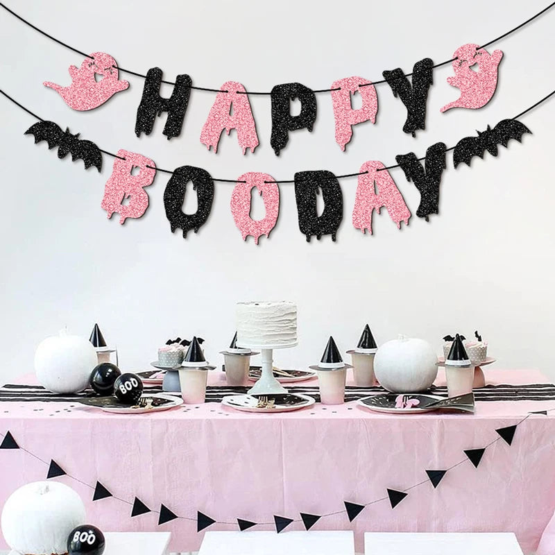 YOMDID Glitter Birthday Banner Happy Boo Day Party Banner Happy Letters Halloween Ghosts and Bats Happy Birthday Decorations Good Vibrations