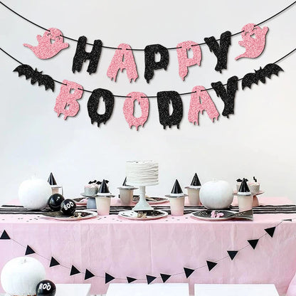 YOMDID Glitter Birthday Banner Happy Boo Day Party Banner Happy Letters Halloween Ghosts and Bats Happy Birthday Decorations Good Vibrations
