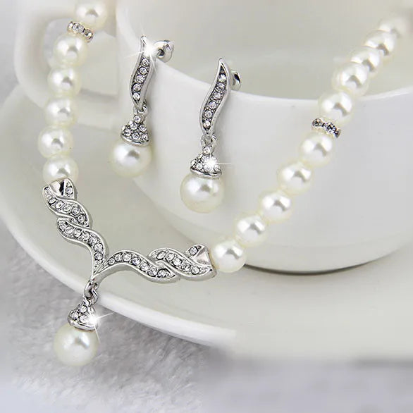 Creative Gold Color Necklace + 1 Pair Earrings Wedding Bridal Pearl Jewelry Set For Women Lady Female Good Vibrations Adult Super Store