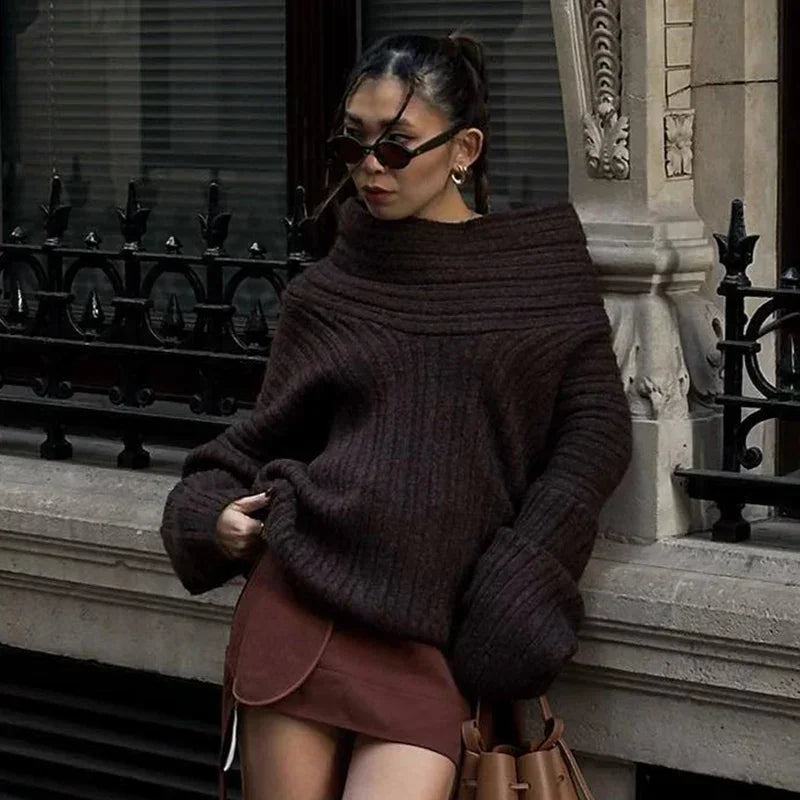 Trendix Long Sleeve Knit Sweater Women Autumn Winter Oversized Off Shoulder Pullover Street Fashion Vintage Loose Knitted Tops Good Vibrations
