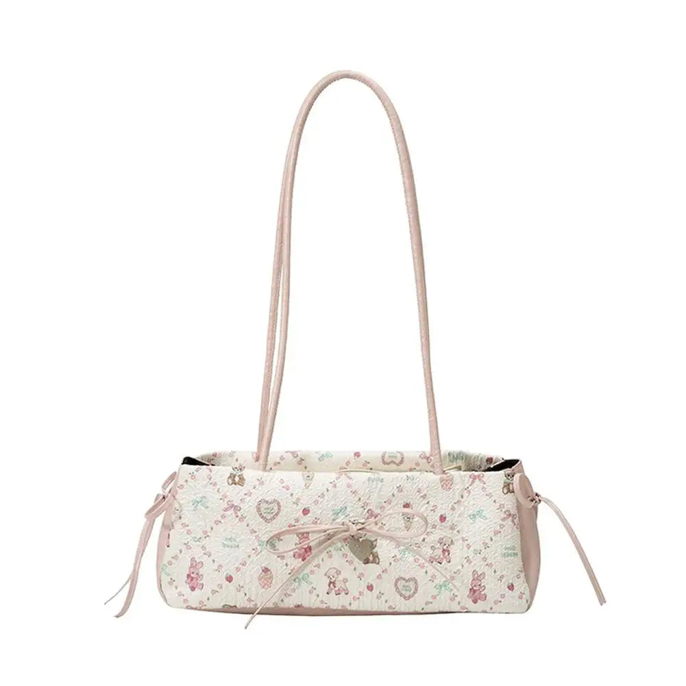 Cartoon Print Shoulder Bag Sweet Women Bow Underarm Bag Commuter Versatile Handbag Pleated Tote Bag Casual Practical Bag Good Vibrations