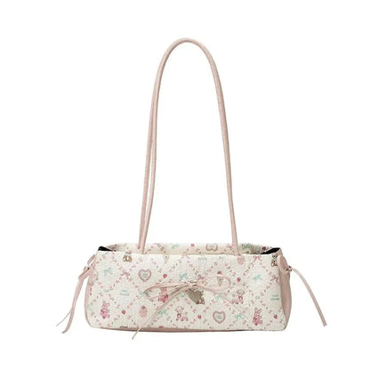 Cartoon Print Shoulder Bag Sweet Women Bow Underarm Bag Commuter Versatile Handbag Pleated Tote Bag Casual Practical Bag Good Vibrations