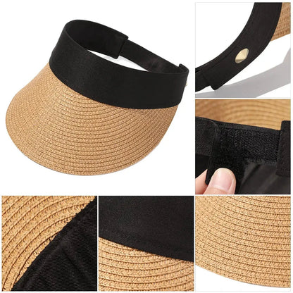Foldable Portable Beach Hat Wide Brim Sun Hat Roll-up Summer Casual Straw Cap Visors For Women Good Vibrations