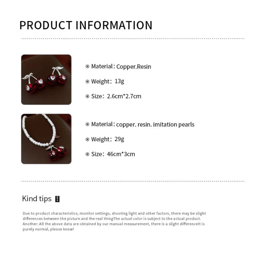 Exquisite Heart Cherry Jewelry Set Pendant Vintage Cherry Necklace Chic Elegant Crystal Ear Studs Gift Good Vibrations