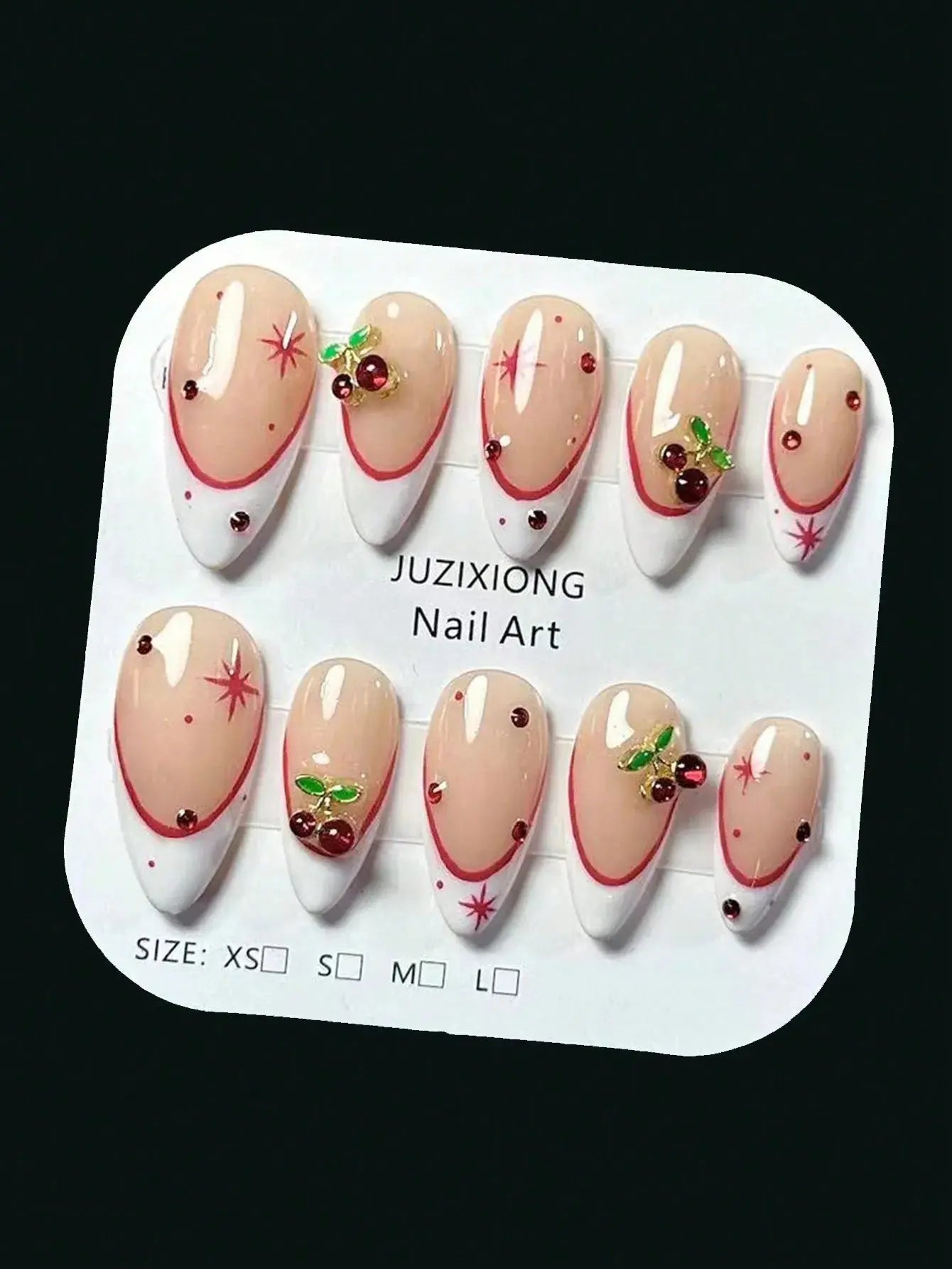 10 pieces of pure handmade almond-shaped nails, with white French tips and red cherry decorations. They are suitable for daily c Good Vibrations