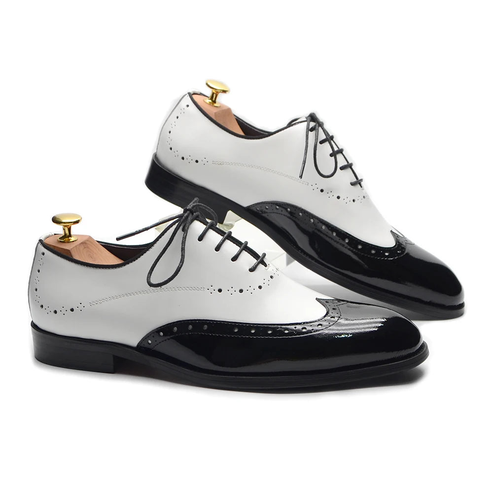 Formal Oxfords Shoes for Men White Black Real Cow Patent Leather Business Lace-up Wingtip Toe Brogue Wedding Mens Dress Shoes Good Vibrations