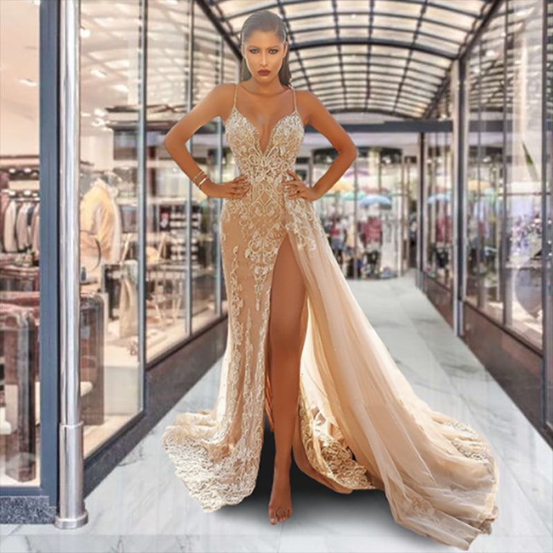 Wedding Party Dress Female Evening Elegant Sexy Deep V Neck Strap Sleeveless Sequined Long Maxi Dresses for Women 2024 Good Vibrations