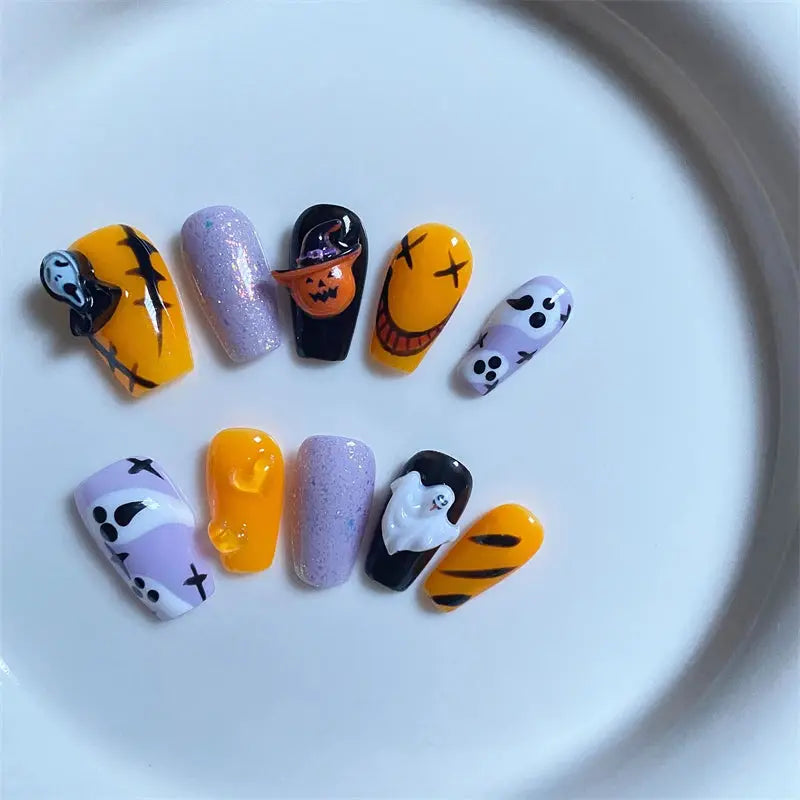 Noctilucent Handmade Press on Nails Wearable Pumpkin Halloween False Nails Design Cute Orange Fake Nails Manicure Decoration Kit Good Vibrations