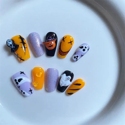 Noctilucent Handmade Press on Nails Wearable Pumpkin Halloween False Nails Design Cute Orange Fake Nails Manicure Decoration Kit Good Vibrations