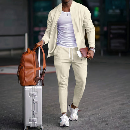 Autumn Winter Men's Casual Blazer Set New Fashion Waffle Baseball Suit Round Neck Pocket Zipper Long Sleeve Trousers Two-Piece S Good Vibrations