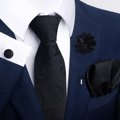 Luxury Mens Ties Floral Black Gold Ties Paisley NeckTie Pocket Square Cufflinks Brooch Set Men's Wedding Party Tie Good Vibrations