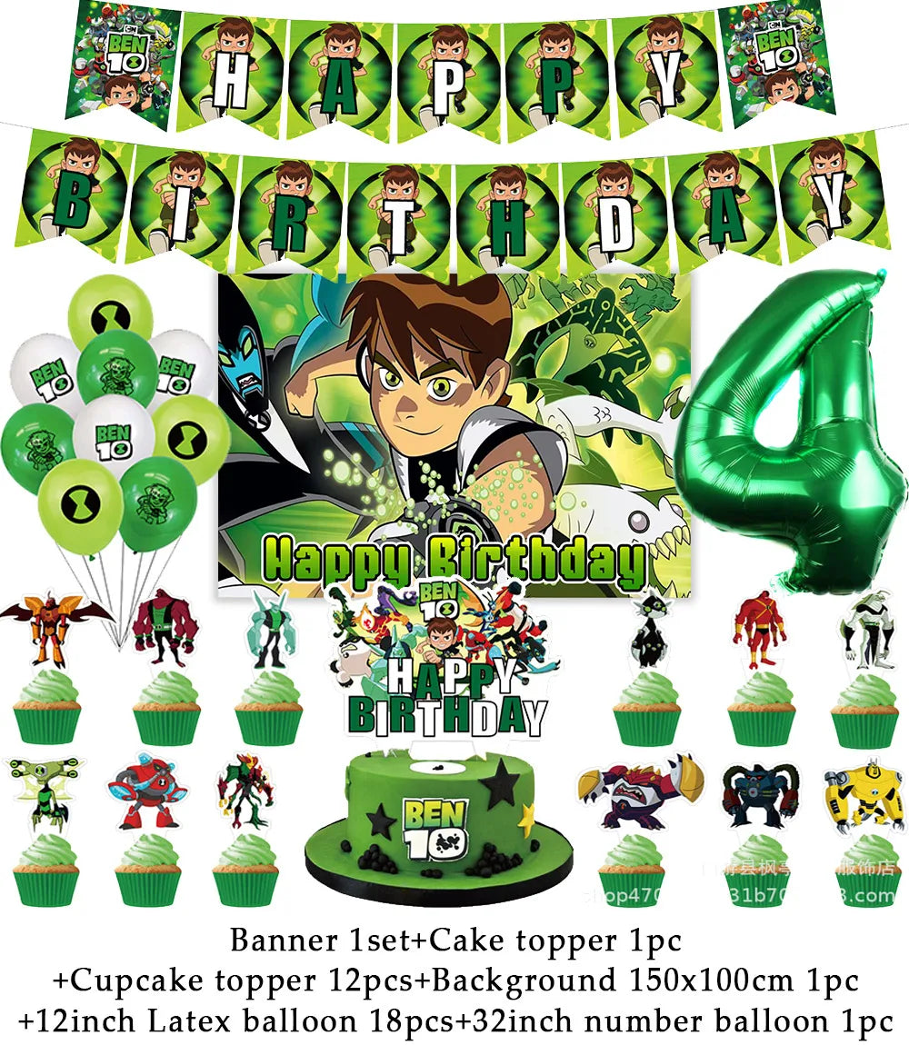 Cartoon Ben-10 Birthday Party Decoration Balloons Favor Set Banner Cake Toppers Baby Shower Boys Gift Party Supplies Photo Prop Good Vibrations