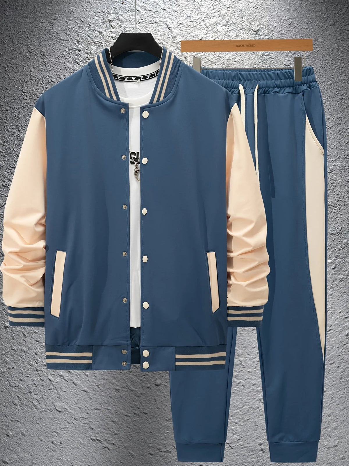 Men's Casual Baseball Jacket & Pants Color Block Polyester Button-Up with Belt Detail for Spring/Fall 1/2pieces Good Vibrations