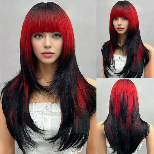 Wigs for women long straight hair heat-resistant synthetic fiber 25 inches black and red abalone head with bangs full wig Good Vibrations