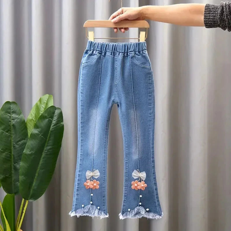 Kids Girls Jeans Pants for 2024 New Spring Autumn Long Flared Jeans Children's Pants 4-10Yrs Girls Cowboy Pants Trousers Good Vibrations