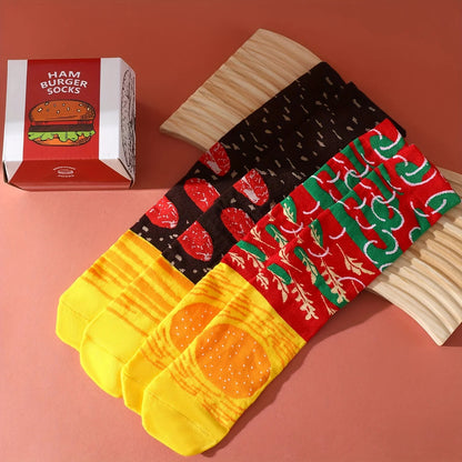 Two pairs of colorful burgers patterns men and women on the eve of Halloween Give Friends Socks Four Seasons Autumn and Winter Good Vibrations