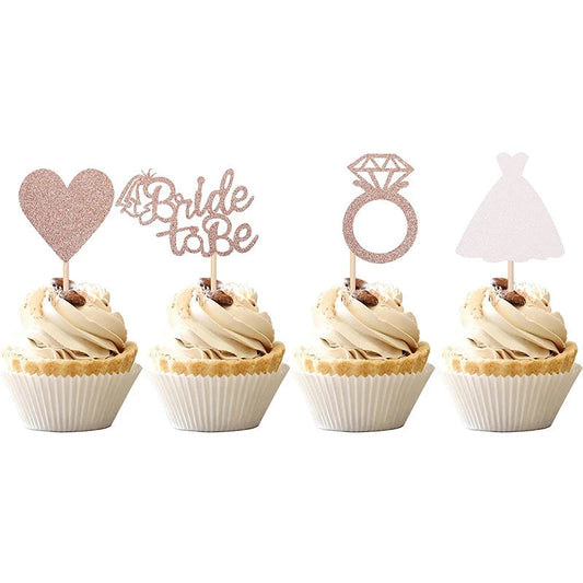 12/24pcs Bride to Be Diamond Ring Cupcake Toppers Wedding Bridal Shower Cake Decorations Rose Gold Bachelorette Party Supplies Good Vibrations