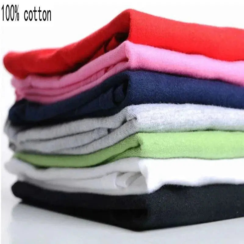 100% cotton T-shirts in various colors, casual style.