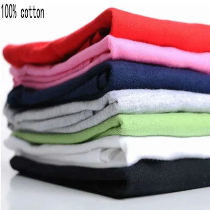 100% cotton T-shirts in various colors, casual style.