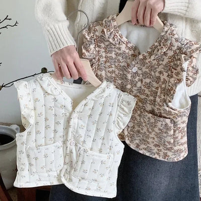 Korean Baby Autumn Winter Floral All-match Vest Baby Windproof Vest Jacket Toddler Girl Spring Waistcoat Cotton Padded Outwear