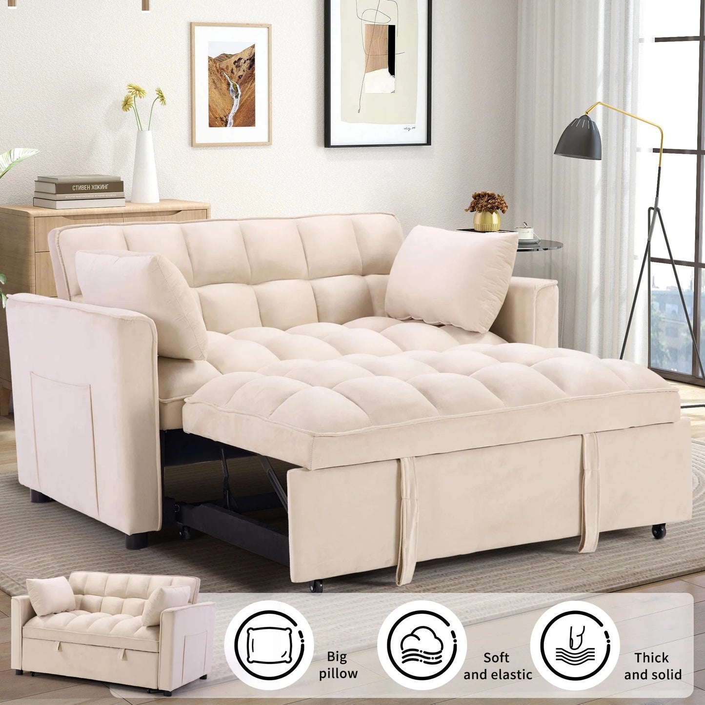EBELLO 3-In-1 Multifunctional Modern Sofa Bed Comfortable Double Sofa With Pillows Good Vibrations