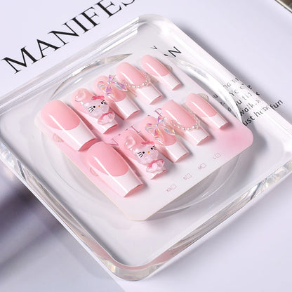 Pink French Fake Nails 3D Pink Hello Kitty, Aurora Bow, Pearl Design False Nail Medium Coffin Shaped Full Cover Press On Nails Good Vibrations