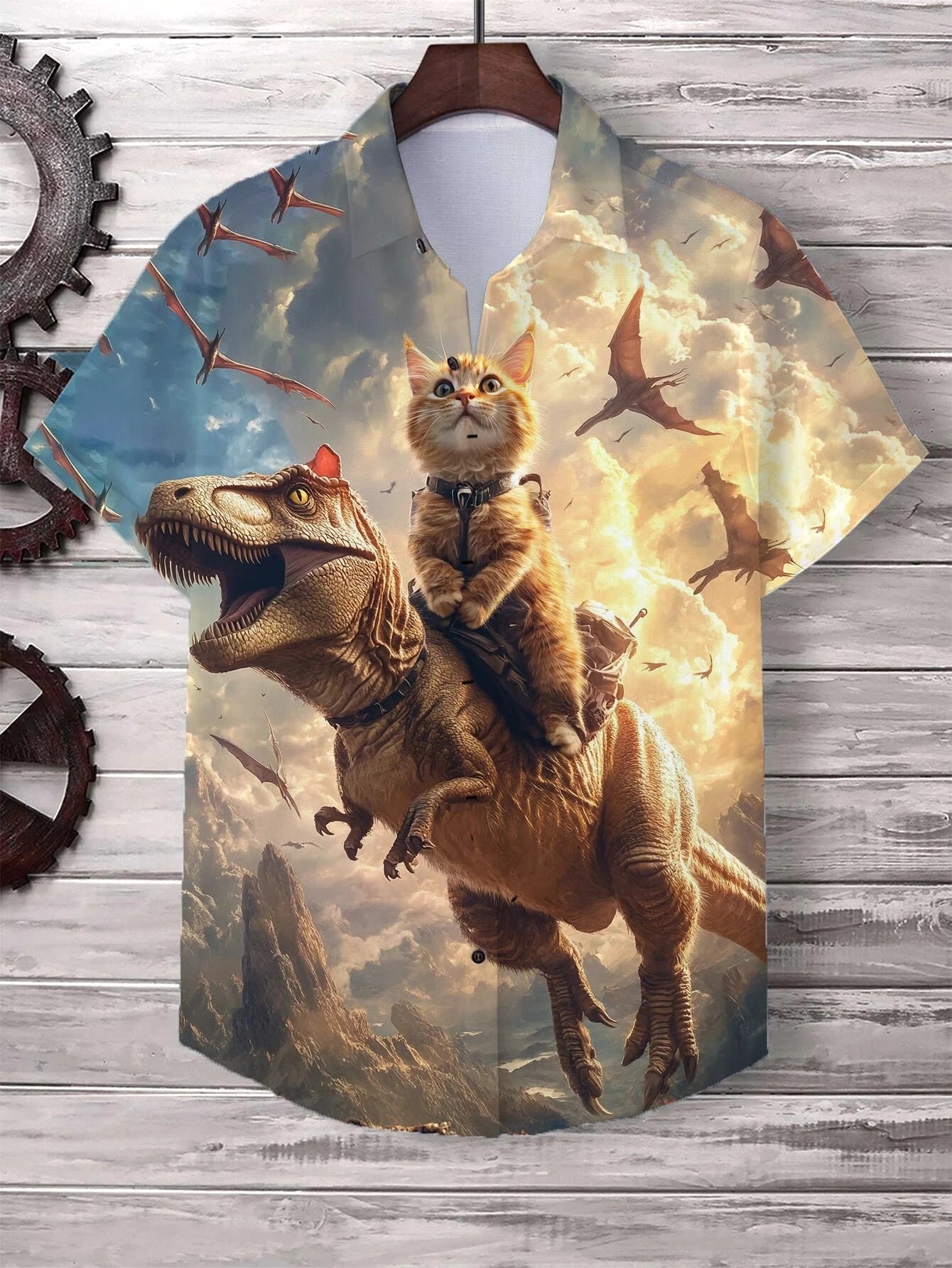 Men's Cat Graphics Shirts Short Sleeved Button Down Lapel Shirt For Summer Oversized Tops Vacation Casual Hawaiian Shirts Good Vibrations