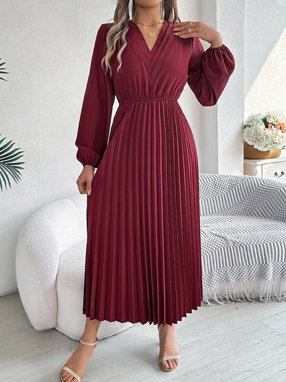 Elegant Dresses for Woman 2025 Autumn Winter Solid Color V Neck High Waist Pleated Maxi Dress Red Black Green Good Vibrations