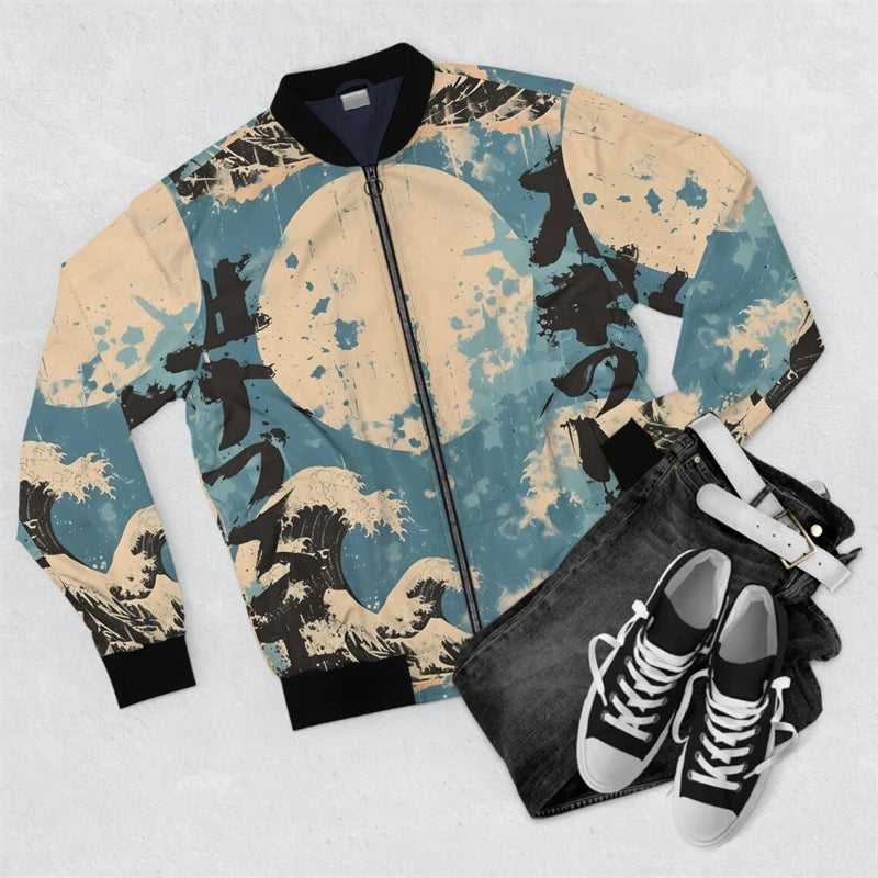 Harjauku Japanese Style Graffiti Art Men's Oversized 3D Jacket Sportswear Autumn Long Sleeve Zipper Sweater Baseball Jackets GYM Good Vibrations