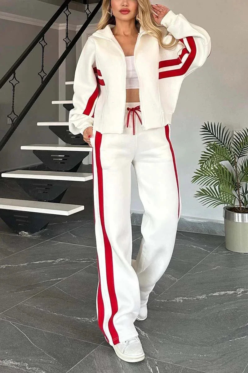 2025 Autumn Winter New Two-piece Set Women's Zipper Striped Loose Jacket Outwear And High Waist Side-striped Pants Sports Sets Good Vibrations
