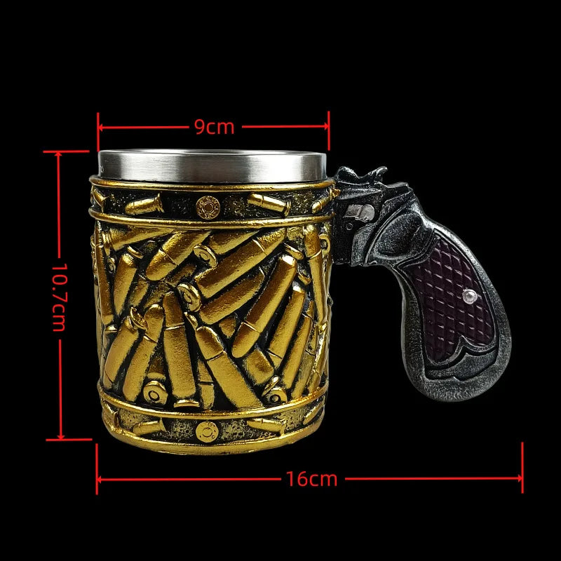 Gun Mugs Revolver Gun Tankard Beer Mug Ammo Bullet Resin Stainless Steel Inner Coffe Water Cup Stein Viking Mug Halloween Gift Good Vibrations