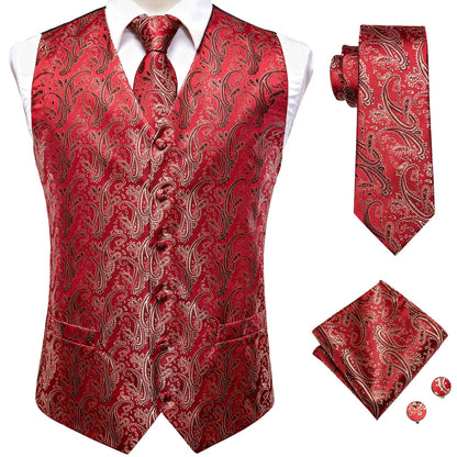 Hi-Tie Black Men Silk Vest Paisley Jacquard Necktie Hankerchief Cufflinks Sets Male Sleeveless V-Neck Waistcoat Business Formal Good Vibrations