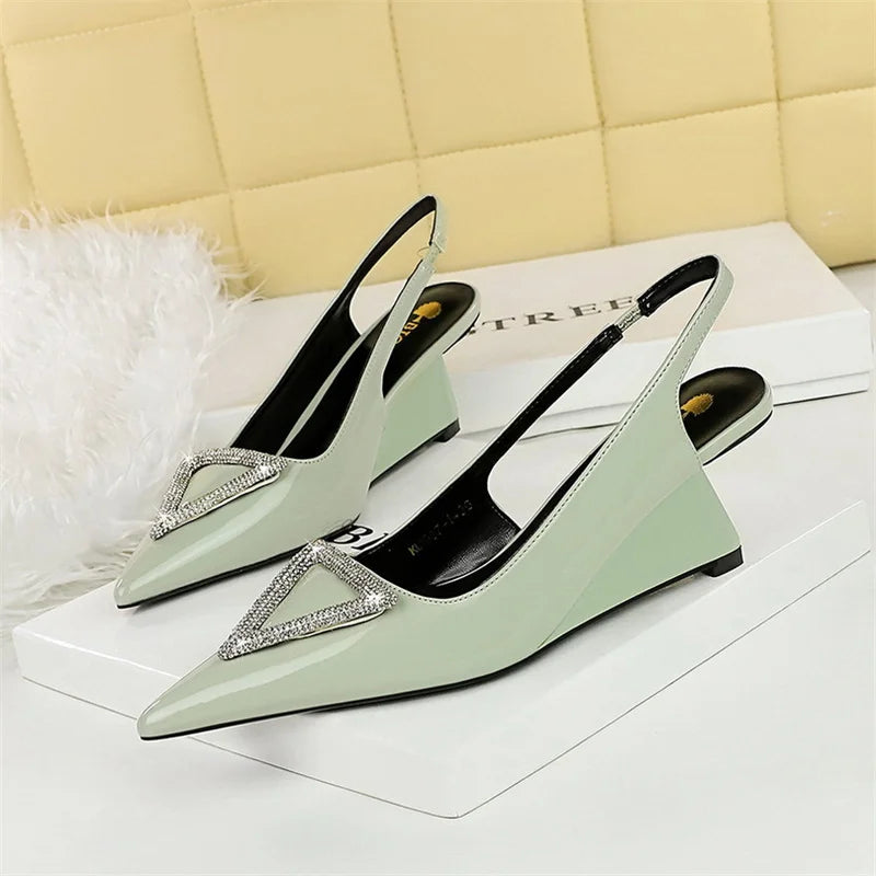 Wedges Women Shoes High Heel Shallow Pointed Toe Hollow Back Straps Patent Leather Triangle Metal Crystal Buckle Pumps Good Vibrations