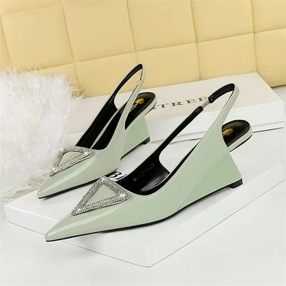 Wedges Women Shoes High Heel Shallow Pointed Toe Hollow Back Straps Patent Leather Triangle Metal Crystal Buckle Pumps Good Vibrations