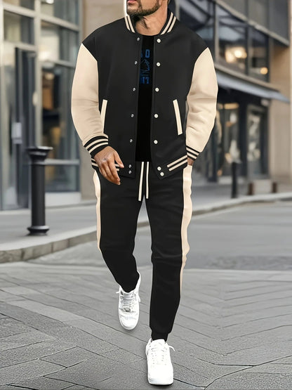 Men's Casual Baseball Jacket & Pants Color Block Polyester Button-Up with Belt Detail for Spring/Fall 1/2pieces Good Vibrations