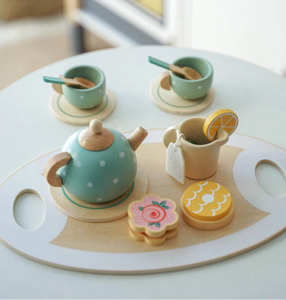 Wooden Afternoon Tea Set Toy Pretend Play Food Learning Role Play Game Early Educational Toys for Toddlers Girls Boys Kids Gifts Good Vibrations