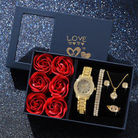 6Pcs Fashion Luxury Women Watch Necklace Earrings Ring Set For Women Rhinestone Wristwatch Bracelet Set Valentine's Day Gift Good Vibrations