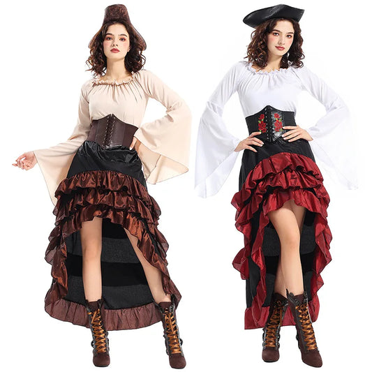 Halloween Womens Cosplay Medieval Pirate Costume Top Corset Skirt Hat Retro Voyager Dress Carnival Play Suit Party Fancy Dress Good Vibrations