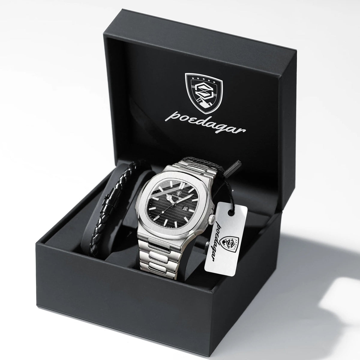POEDAGAR Top Classic Men Wristwatch Waterproof Luminous Date Square Watch For Man Stainless Steel Sport Men's Quartz Watches+Box Good Vibrations
