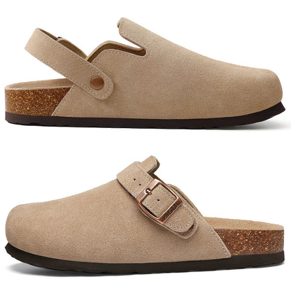 Comwarm Women's Suede Clogs with Adjustable Strap Cork Footbed Leather Mules Slippers Unisex Outdoor Comfortable Potato Shoes Good Vibrations
