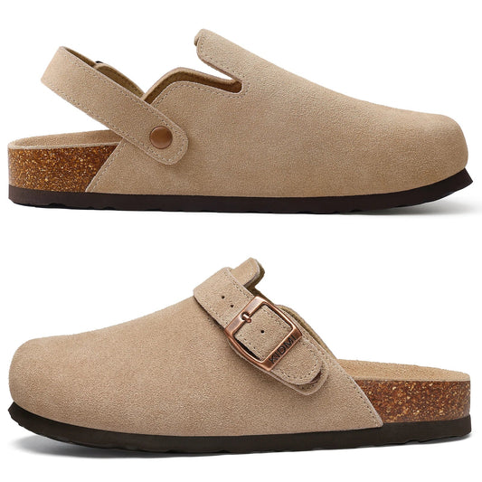 Comwarm Women's Suede Clogs with Adjustable Strap Cork Footbed Leather Mules Slippers Unisex Outdoor Comfortable Potato Shoes Good Vibrations
