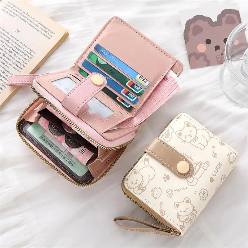 Cute Cat PU Leather Coin Purse Women Fashion Short Wallet Folding Zipper Wallet ID Card Holder Travel Lightweight Cash Coin Bags Good Vibrations