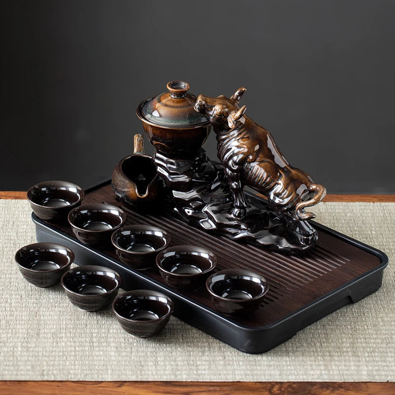 1 set of creative lazy tea set, semi-automatic cow teapot, magnetic rotating water guide, Chinese Kung Fu tea set Good Vibrations