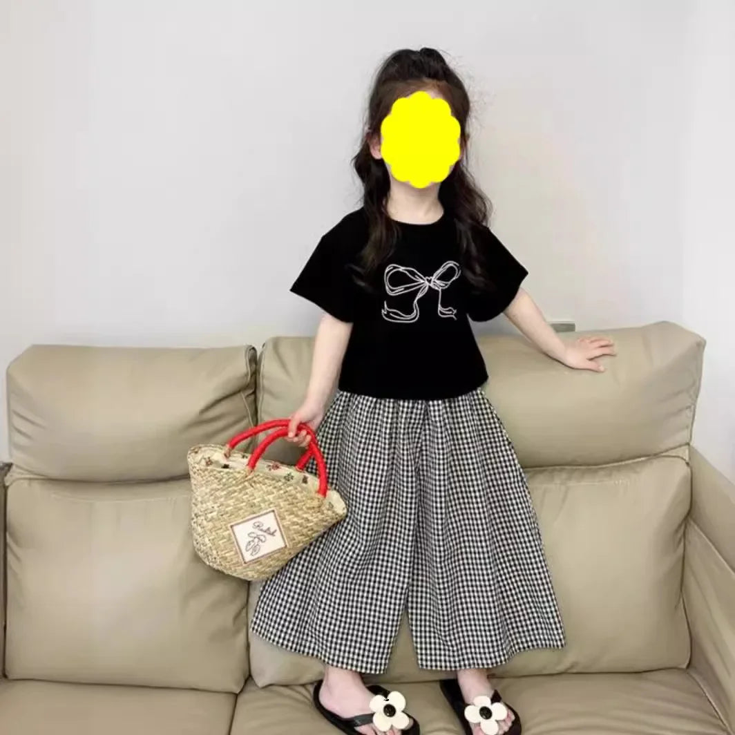 Children's Clothing Sets Bow-Patterned Polo Shirt + Tartan Palazzo Trousers 2pcs Sets Baby Girl Outfit Set Toddler Girl Clothes Good Vibrations