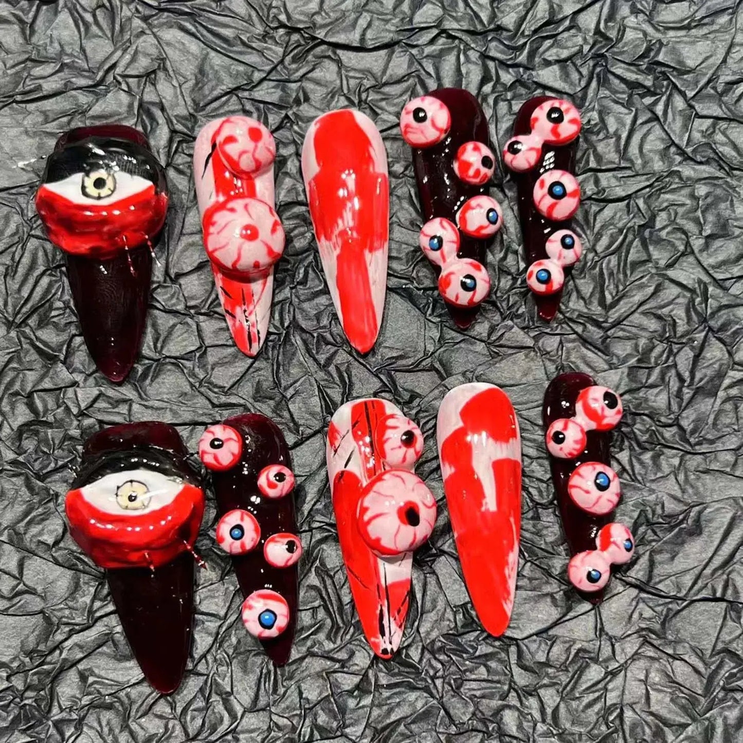 Handmade Press on Nails Punk Dark Style Halloween False Nails Black and Red Scary Eyeball Design Long Almond False Nails Good Vibrations
